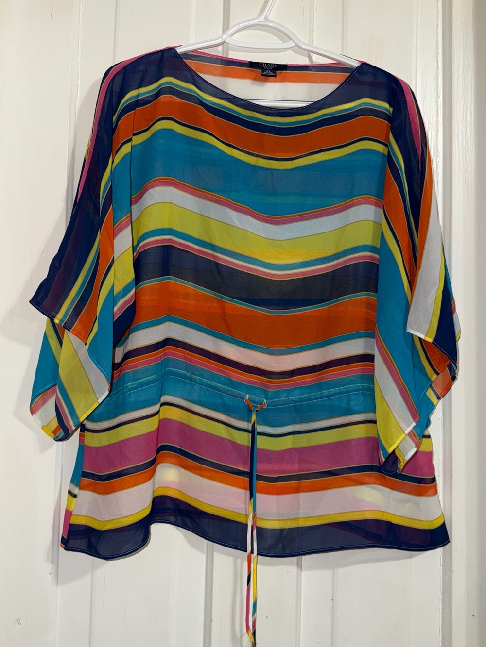Women's size large sheer top Multicolor Striped Sheer Drawstring Top petite